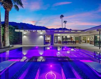 evening vacation rental pool shot.