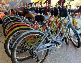 A row of bicycles waiting to be rented in Palm Springs.
