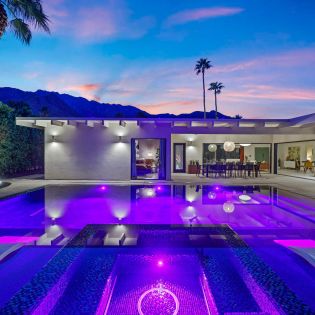 evening vacation rental pool shot.