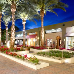Shopping district and palm trees at dusk