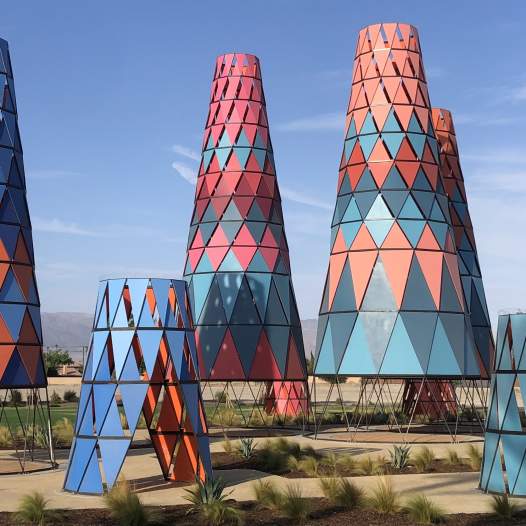 Various cone-shaped towers in shades of blue, orange, red and pink located at a park in Indio.