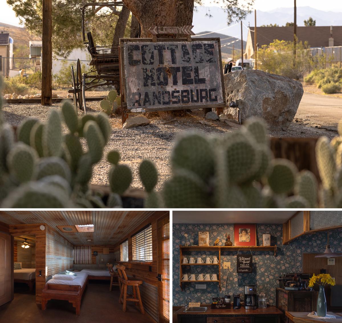Interior and exterior of the Cottage Hotel in Randsburg, California