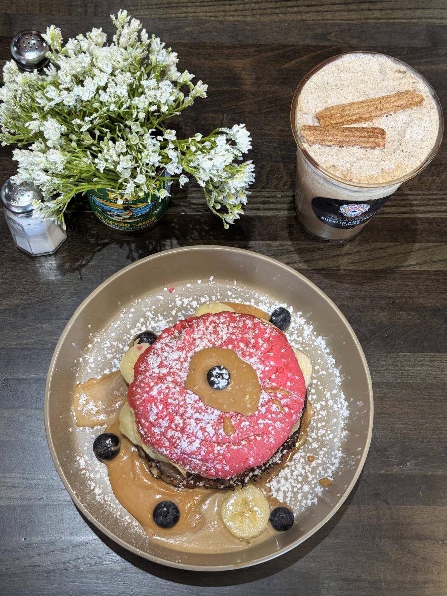concha french toast and iced churro latte on a table