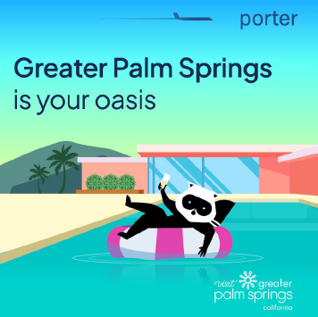 Animated graphic of raccoon in pool floatie with text of Greater Palm Springs is your oasis.
