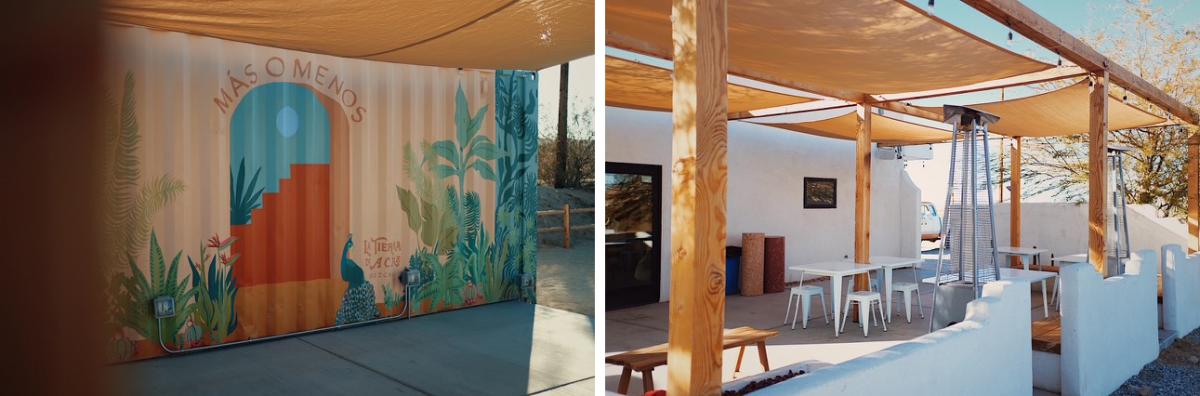 Exterior and patio of Mas o Menos in Joshua Tree, California