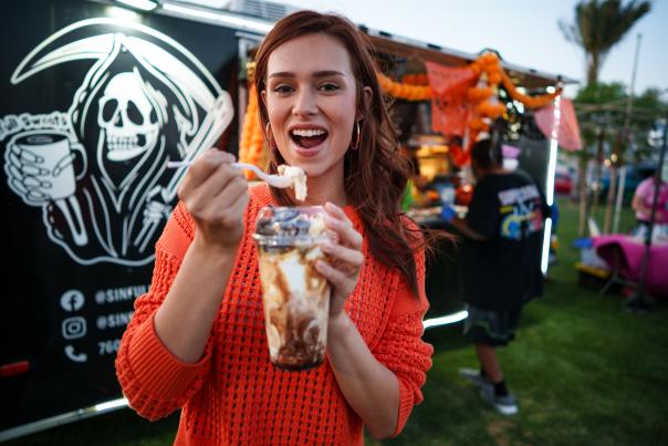 Dining at food trucks in Indio, CA.