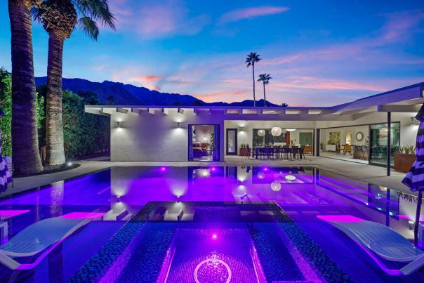 evening vacation rental pool shot.