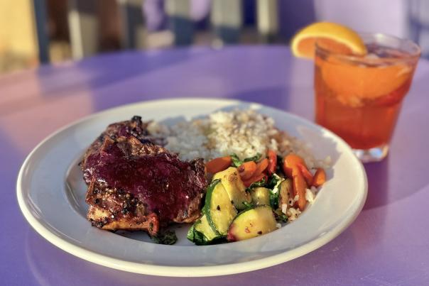 A plate of dinner on the patio at 29 Palms Inn