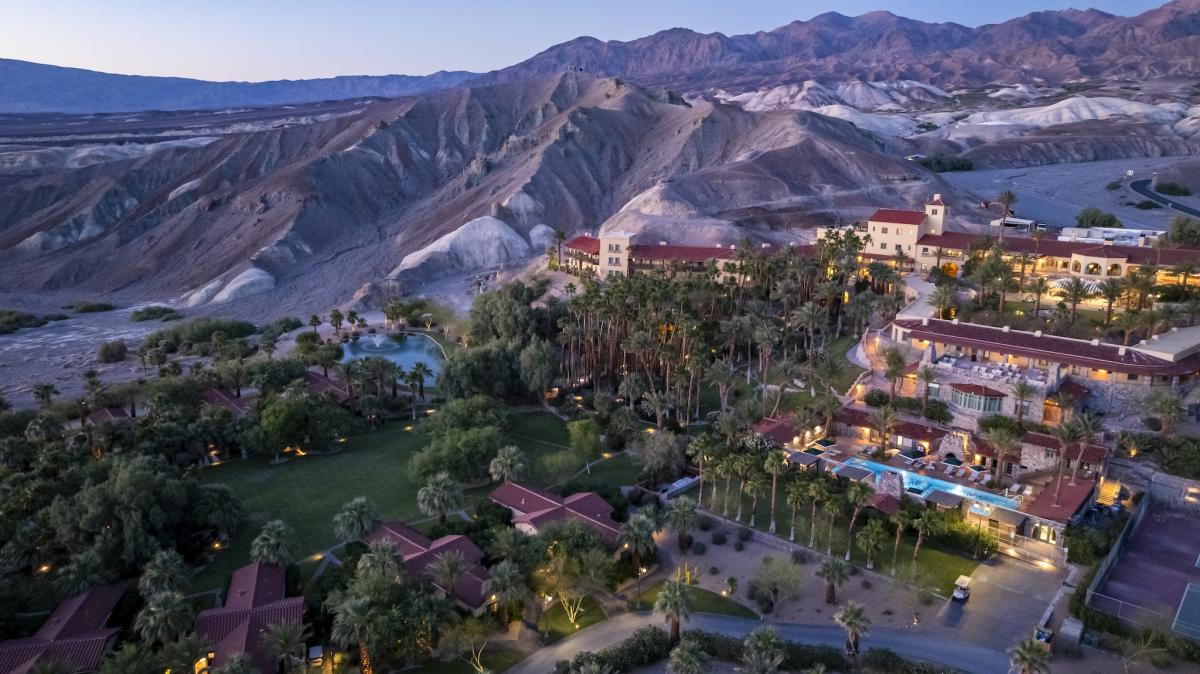 Aerial image at sunset of The Inn at Death Valley in Furnace Creek, California
