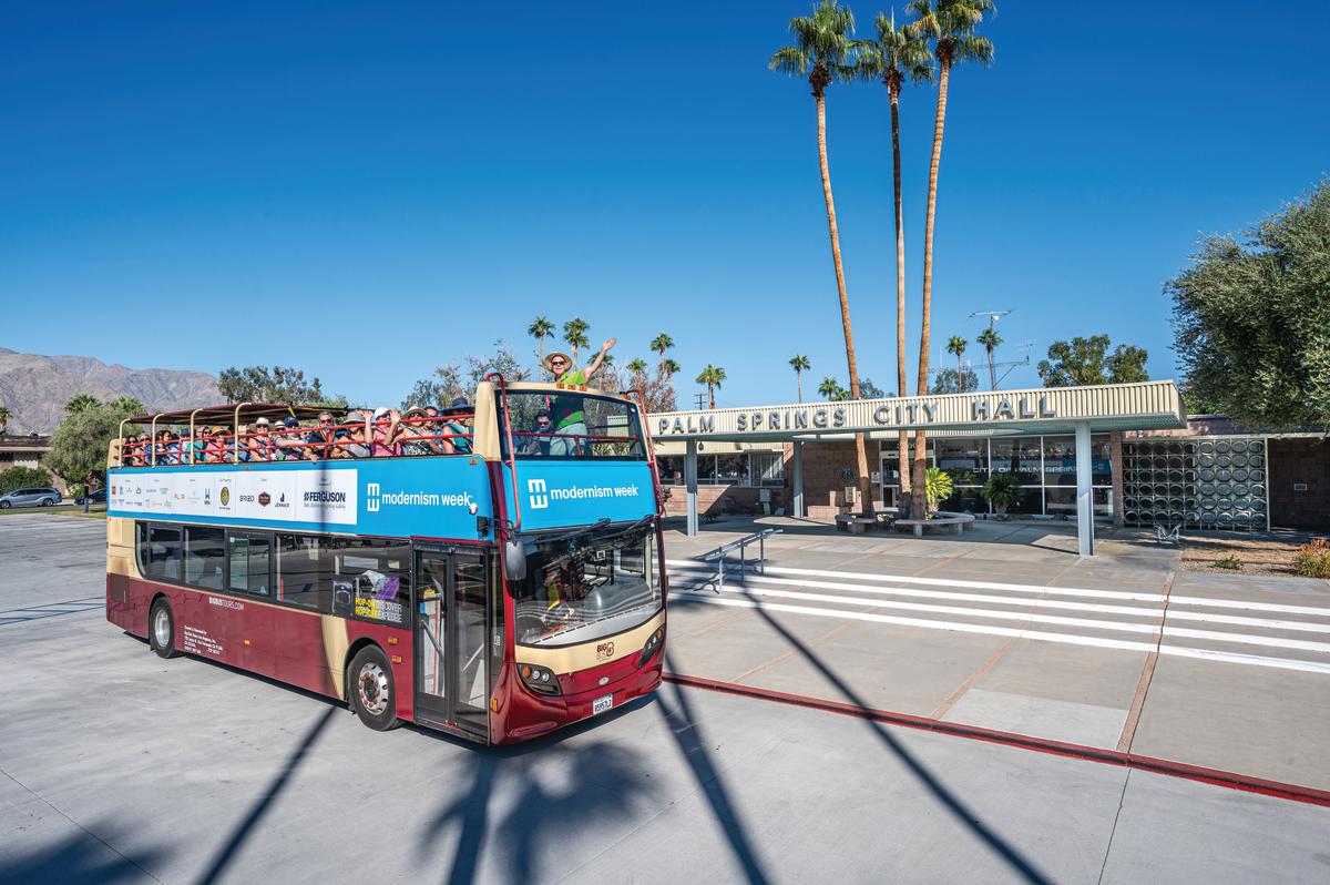 The Premier Double Decker Bus tour outside Palm Springs City Hall.