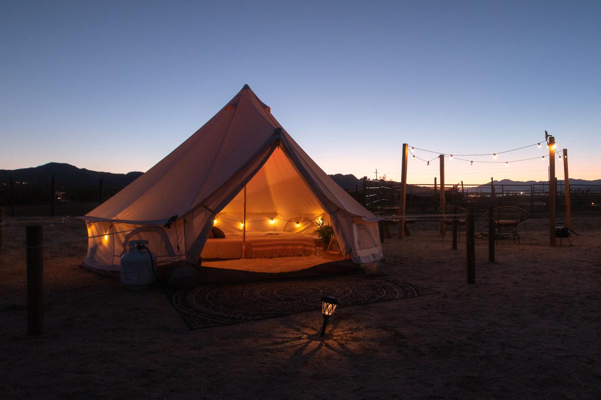 A glamping yurt at Cascade Trails Mustang Sanctuary in Joshua Tree, California