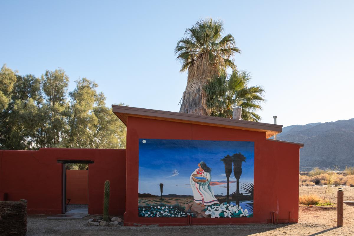 Mural of Native American woman on adobe at 29 Palms Inn in 29 Palms, California