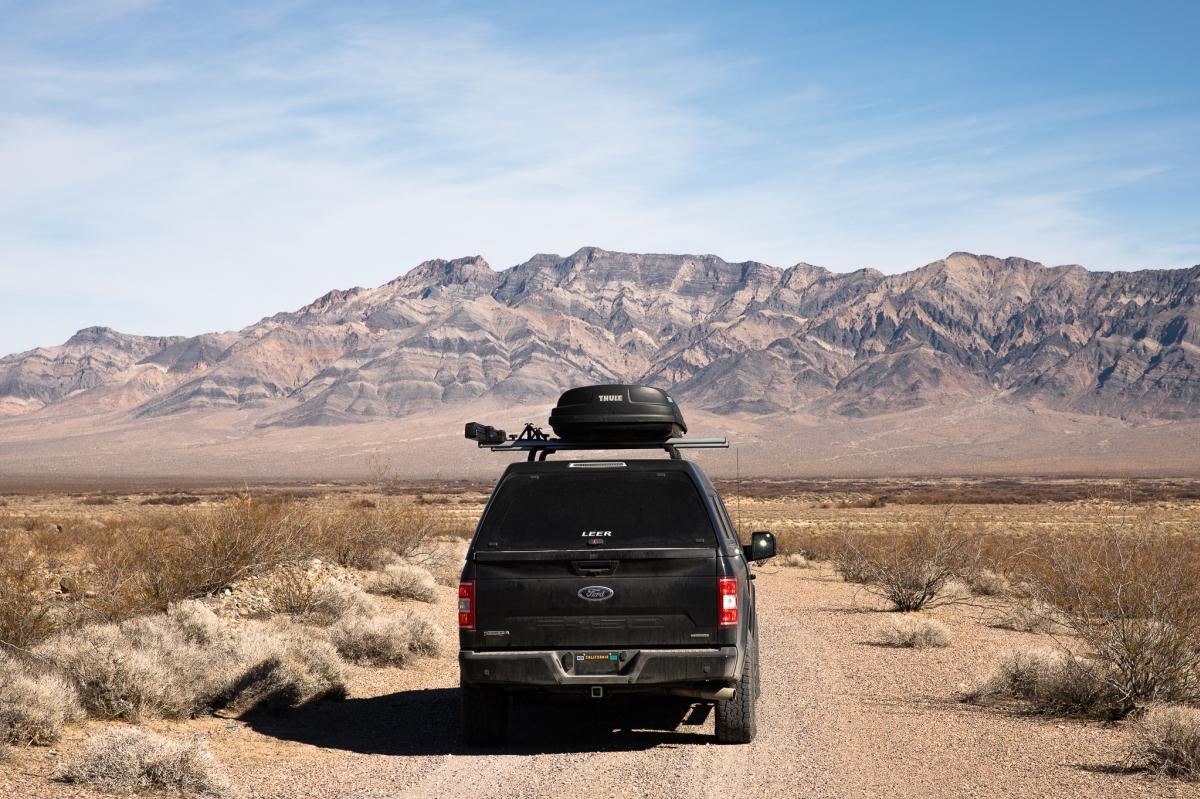 A truck on the road in the Nopah Range Wilderness Area near Shoshone, California