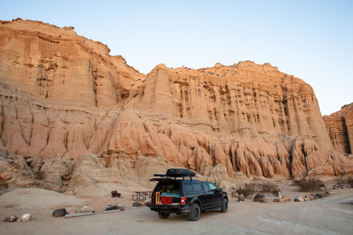 A truck parked at a campsite at the Ricardo Campground at Red Rock Canyon State Park