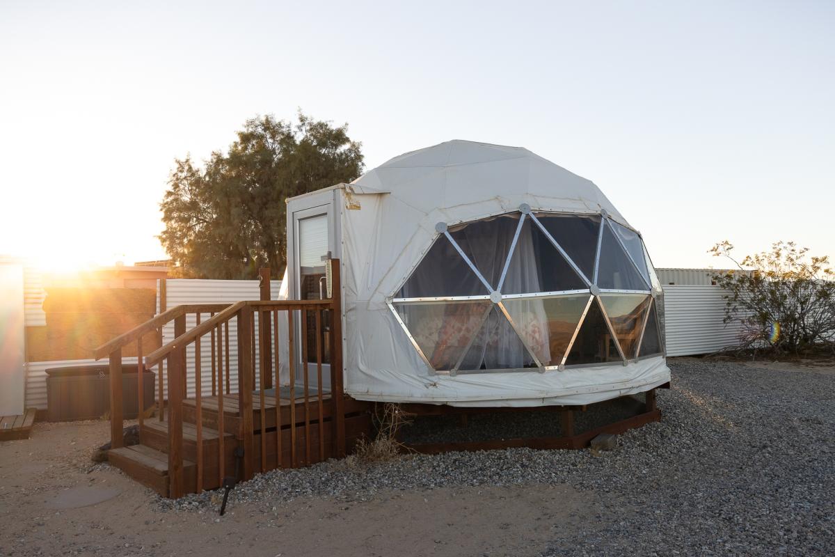 Exterior shot of geodome at Kosmic Tortoise in 29 Palms, California