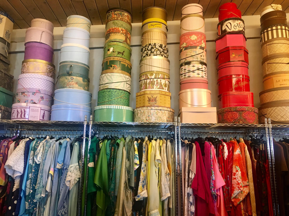 Vintage shopping colorful boxes and clothes