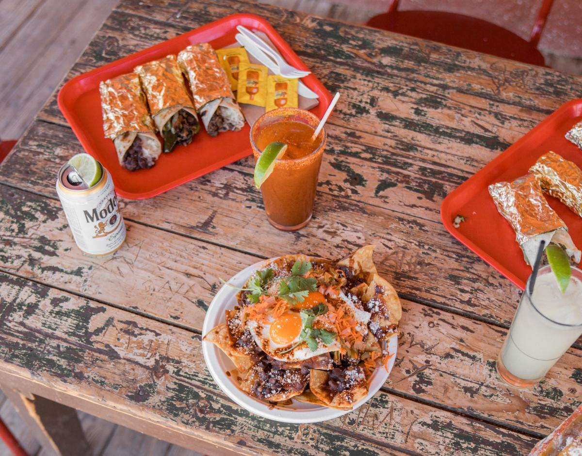 Chilaquiles and outdoor seating at the Red Dog Saloon in Pioneertown, California