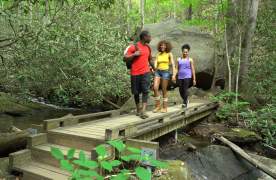 Three people walking along bridge while hiking