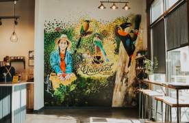 An interior mural showcasing coffee beans and birds at Unlocked Coffee Roasters in Greenville, SC.