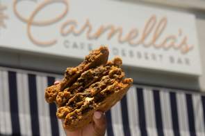 A stack of Sea Salt Toffee Cookies from Carmella's Café and Dessert Bar in downtown Greenville, SC.