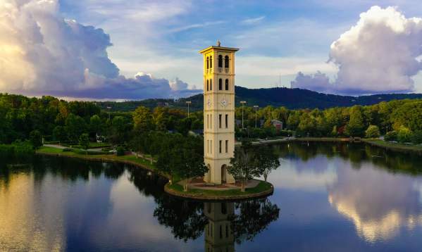 The bell tower overlooking a lake at Furman University in Greenville, SC.