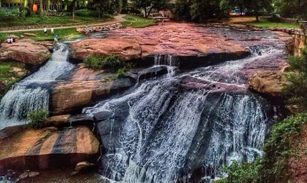 Greenville's downtown masterpiece. #southcarolina #yeahTHATgreenville #sunset #waterfall #skyonfire