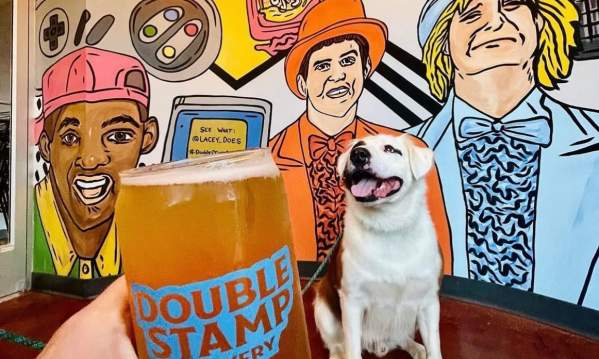 Dog and woman with Beer at Double Stamp Brewery