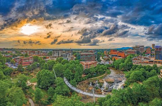 Aerial view of Downtown Greenville at Sunset
