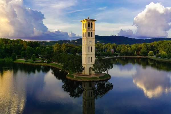 The bell tower overlooking a lake at Furman University in Greenville, SC.