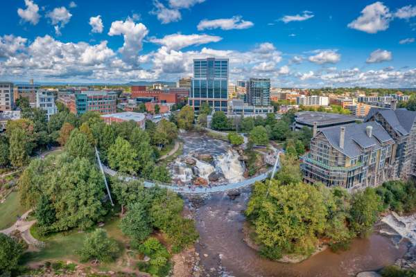Liberty Bridge Aerial Photo with Downtown Greenville Skyline