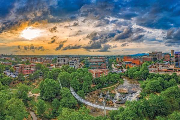 Aerial view of Downtown Greenville at Sunset