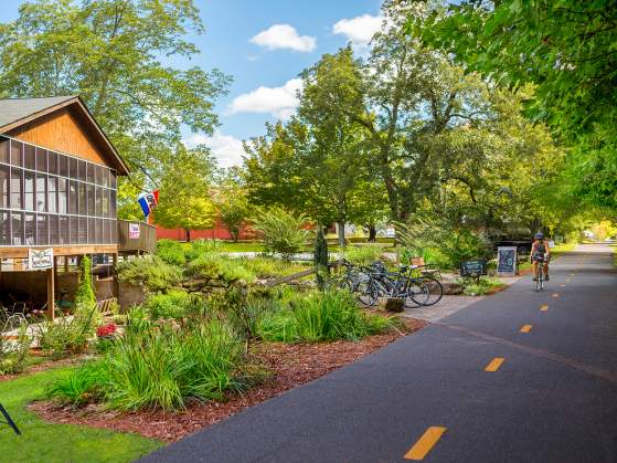 Exterior image of the Cafe at Williams Hardware on the Swamp Rabbit Trail.