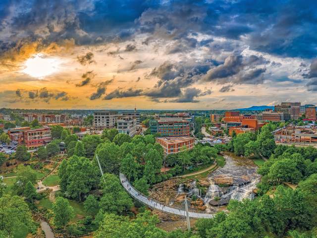 Aerial view of Downtown Greenville at Sunset