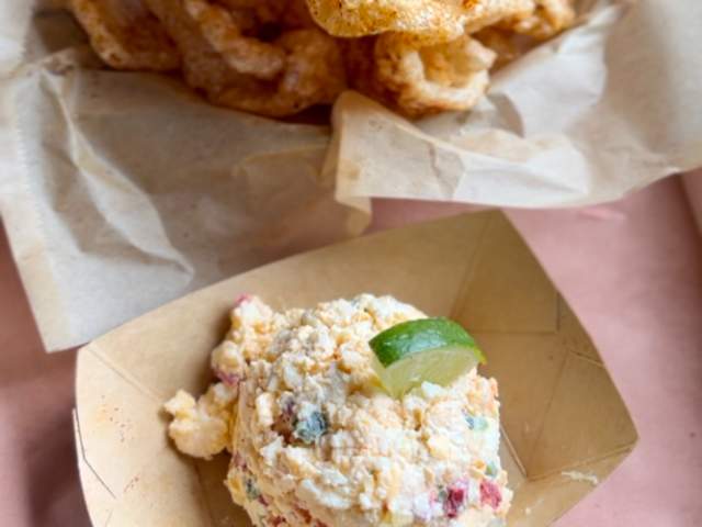 Pork Cracklins with Pimento Cheese from restaurant Home Team BBQ in Greenville, SC.