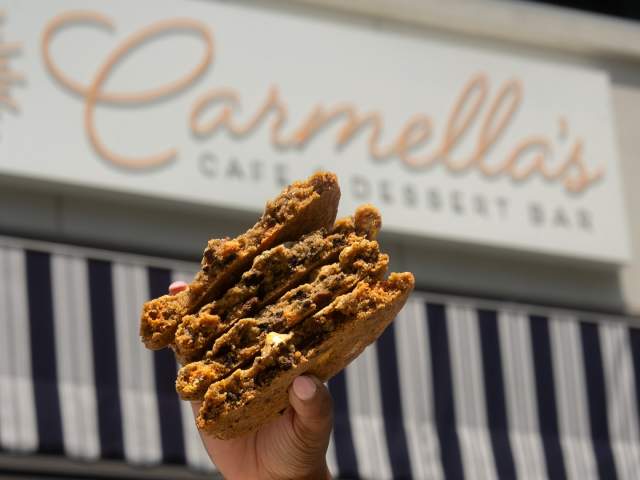 A stack of Sea Salt Toffee Cookies from Carmella's Café and Dessert Bar in downtown Greenville, SC.