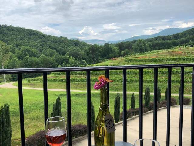 View of Mountains and table with wine at Victoria Valley Vineyards