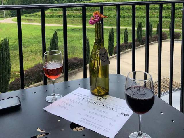 View of Mountains and table with wine at Victoria Valley Vineyards