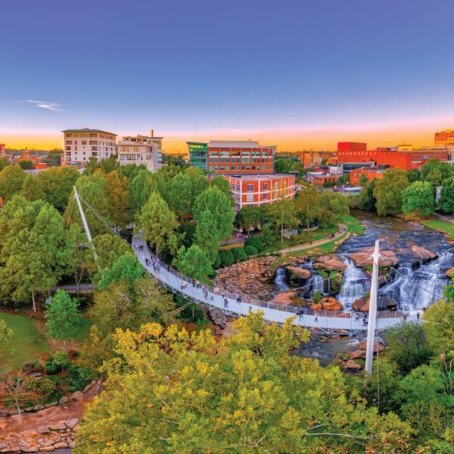 Aerial view of Falls Park at Sunset