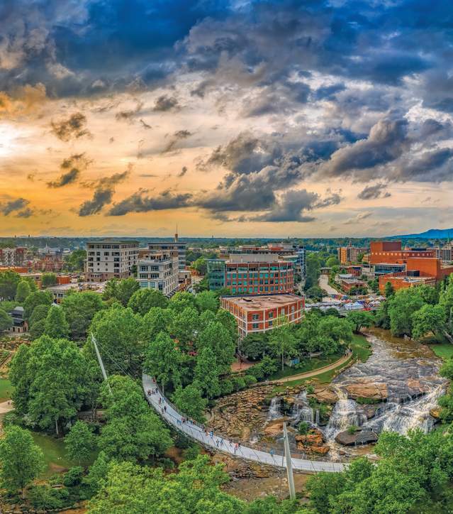 Aerial view of Downtown Greenville at Sunset