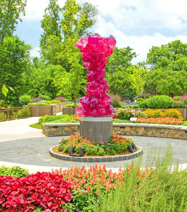 As part of the Art in Public Places Self-Guided Tour, one of the many masterpieces found along the way is the Rose Crystal Tower by Dale Chihuly, a fuchsia pink and crystallized glass sculpture that seems to always sparkle no matter which way you look at it.