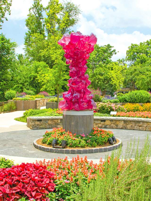 As part of the Art in Public Places Self-Guided Tour, one of the many masterpieces found along the way is the Rose Crystal Tower by Dale Chihuly, a fuchsia pink and crystallized glass sculpture that seems to always sparkle no matter which way you look at it.