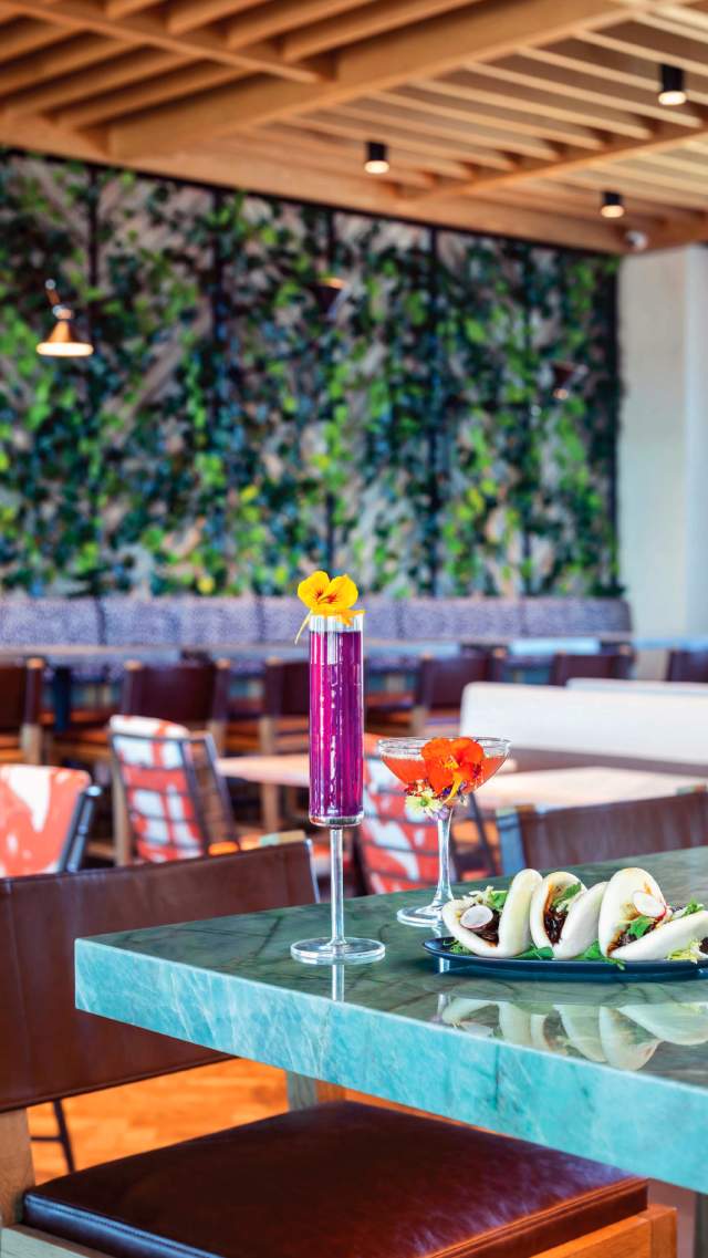 A purple cocktail and tapas sit on a counter at Juniper in downtown Greenville, SC.