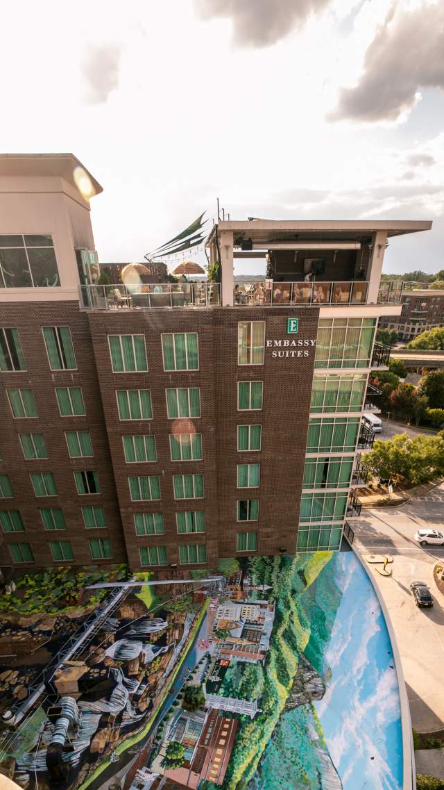 UP on the Roof and its outdoor mural at Embassy Suites by Hilton Downtown RiverPlace in Greenville, SC.