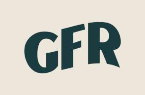 GFR logo abbreviation in a grey sans serif block font and an off white backgrund