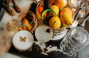 Cocktails on the counter with fruit at The Rabbit Hole in Greenville, SC.