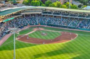 Aerial photo of a Greenville Drive baseball game at Fluor Field in Greenville
