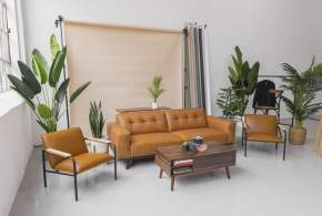Brown leather sofa and chairs, wooden coffee table with books in the shelving area and accessories on top, many green houseplants of all sizes staged around the furniture, and a tan backdrop behind the items.
