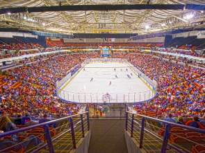 Large crowd watching the Greenville Swamp Rabbits at Bon Secours Wellness Arena.