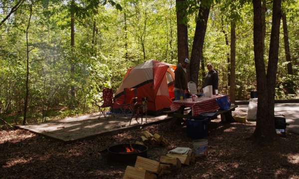 Camping tent set up at Paris Mountain Park.