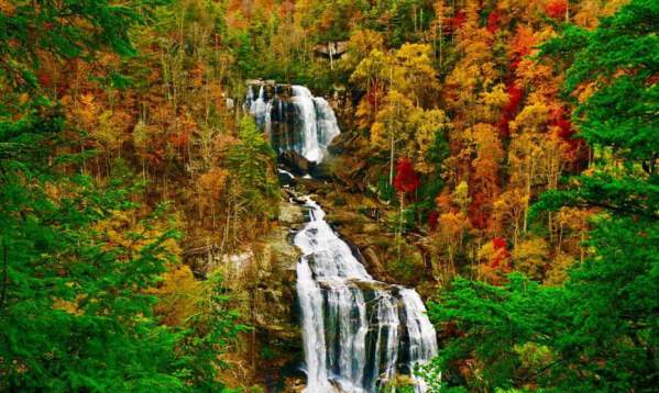 Aerial view of Whitewater Falls in Autumn